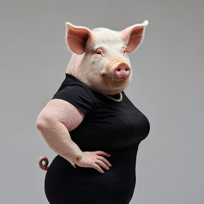 Pig in black dress with pearls