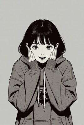 Anime girl hands on cheeks smiling