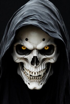 Skull with yellow eyes in hood