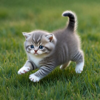 British Shorthair kitten playing on grass