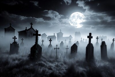 Moonlit Cemetery with Graves and Fog