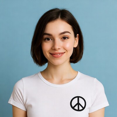 Smiling woman in peace sign t-shirt