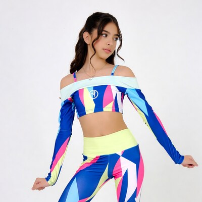 Girl in colorful off-shoulder crop top leggings
