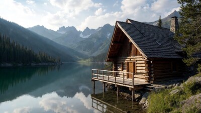 Log cabin by mountain lake