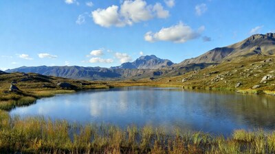 Mountain Lake with Grasses and Peaks