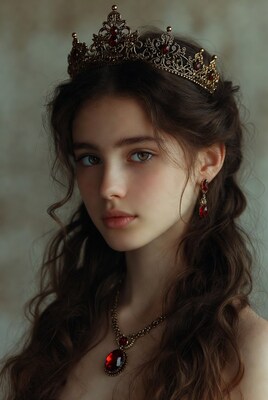 Young woman wearing gold ruby crown