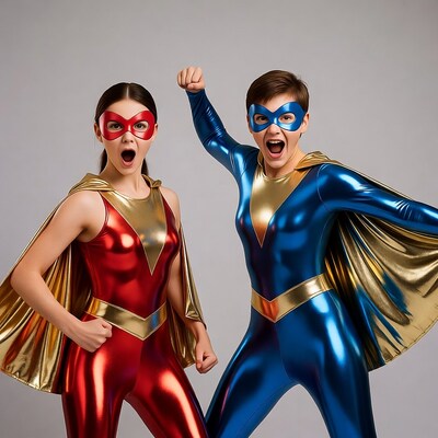 Two women in red and blue superhero costumes