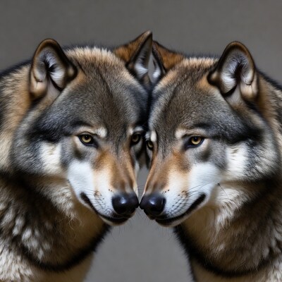 Two wolves noses touching