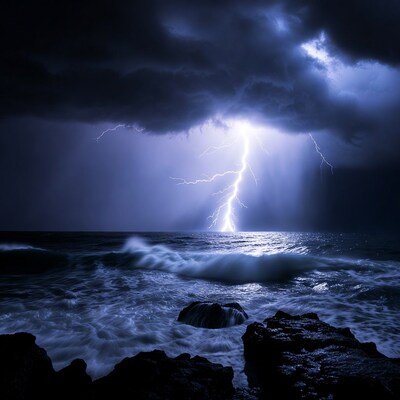 Lightning striking over ocean waves