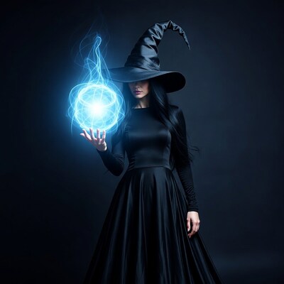 Woman witch holding blue magic orb