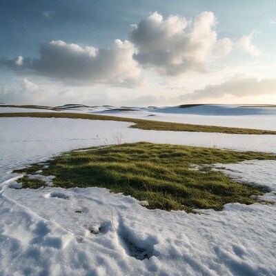 Snowy Hills with Green Grass Patches