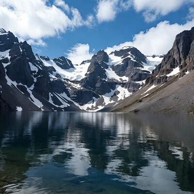 Mountain Lake Reflecting Snowy Peaks
