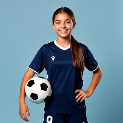 Girl in soccer uniform holding ball
