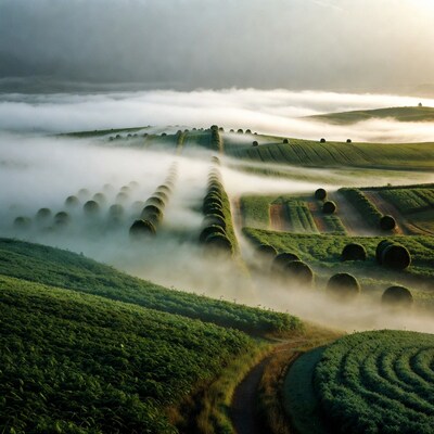Hay bales in misty green fields