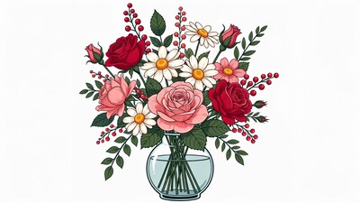 Colorful Roses and Daisies in Glass Vase