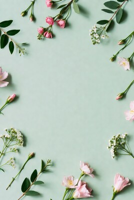 Pink flowers and leaves on mint green background