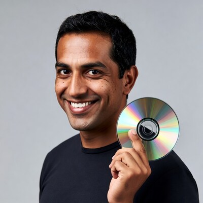 Asian man holding CD