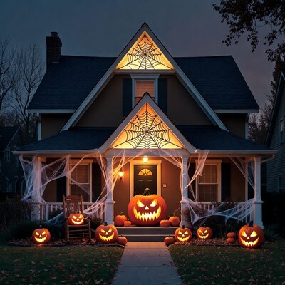 Halloween Decorated House with Jack-o-Lanterns