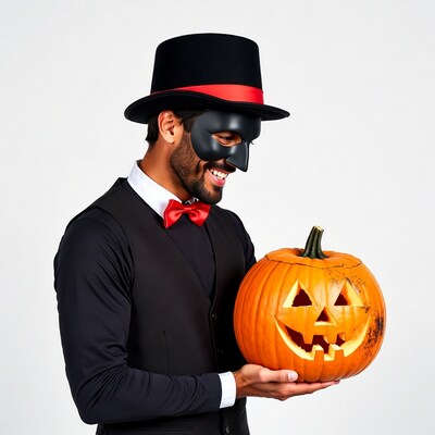 Man in top hat mask holding jack-o-lantern