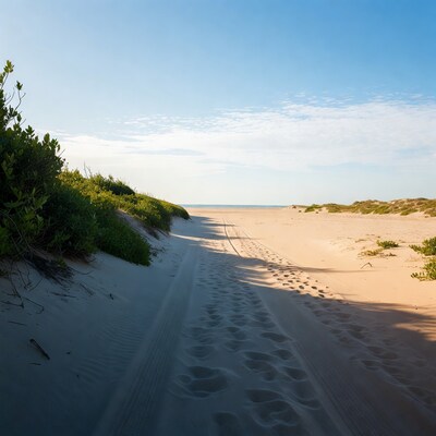Footprints and tire tracks on beach path