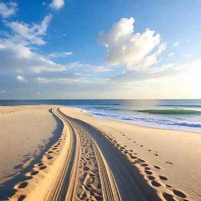 Tire Tracks and Footprints on Beach