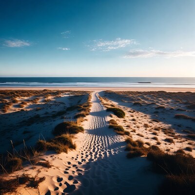 Sandy path to ocean at sunset