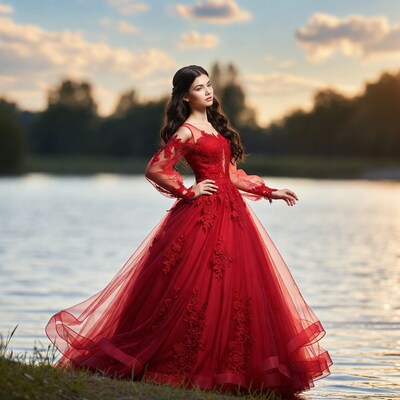 Woman in red lace gown by lake