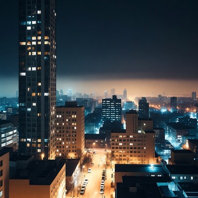 Night cityscape with tall buildings and fog
