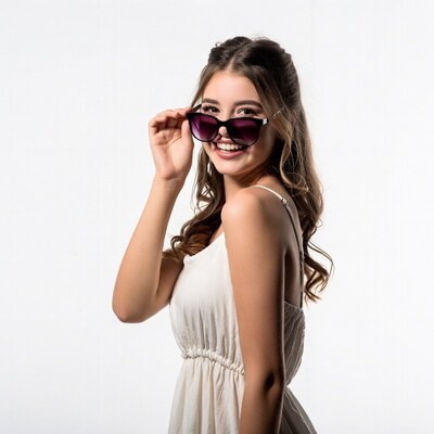 Smiling woman holding purple sunglasses