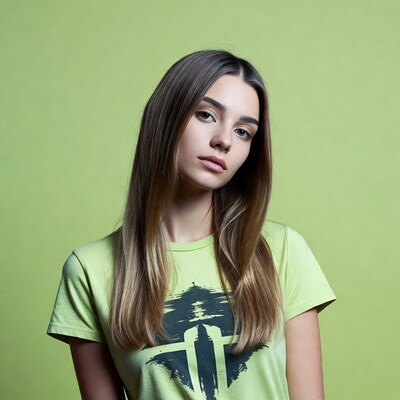 Woman in green t-shirt on lime background