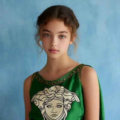 Girl in Versace Medusa green dress