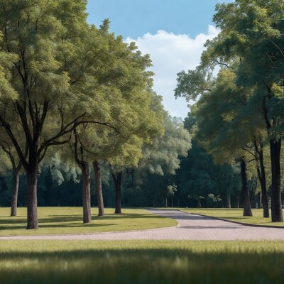 Curved path through green trees park