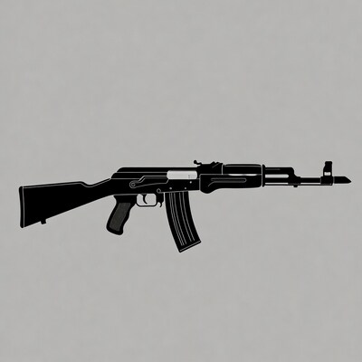 AK-47 silhouette on gray background