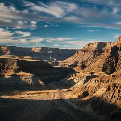 Layered canyon landscape with dirt road