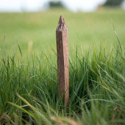 Wooden stake in green grass field