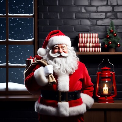 Smiling Santa holding sack by window