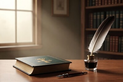 Quill pen inkwell and bible on desk