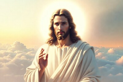 Jesus Christ in clouds with halo