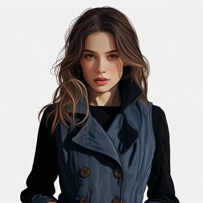Woman in blue trench coat illustration