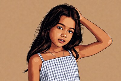 Asian girl hand on head illustration