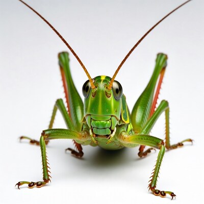 Closeup green grasshopper isolated background