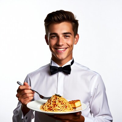 Young waiter serving spaghetti plate