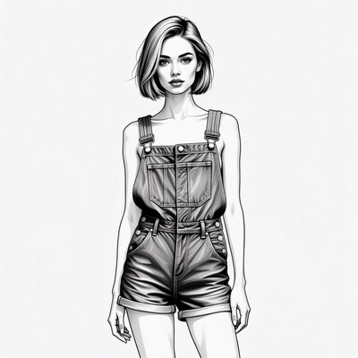Woman in short denim overalls