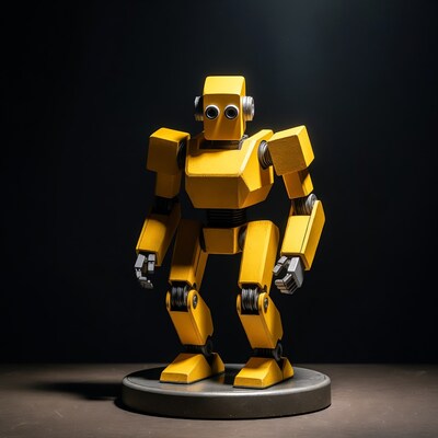 Yellow blocky robot on stand