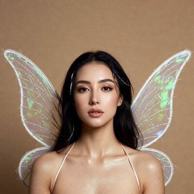 Asian woman with iridescent fairy wings