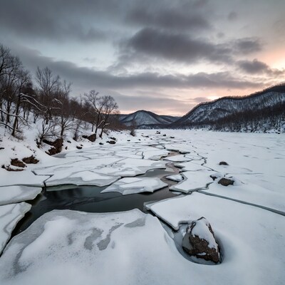 Frozen River in Snowy Mountains