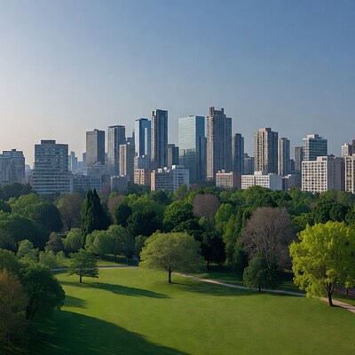 City skyline over green park