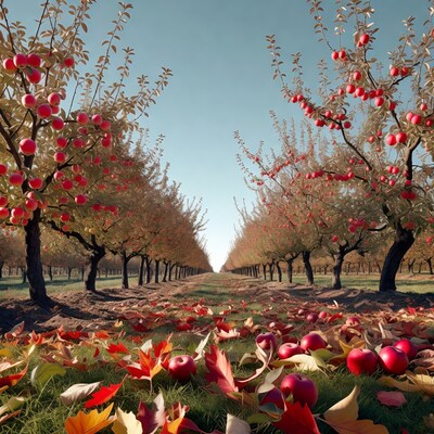 Apple Orchard Path with Fallen Leaves