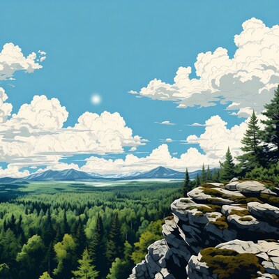 Mountain Cliff Over Forest Lake View