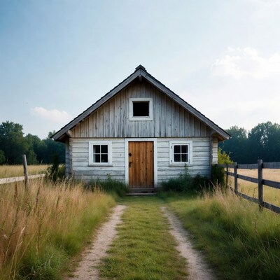 Gray wooden cabin in grassy field